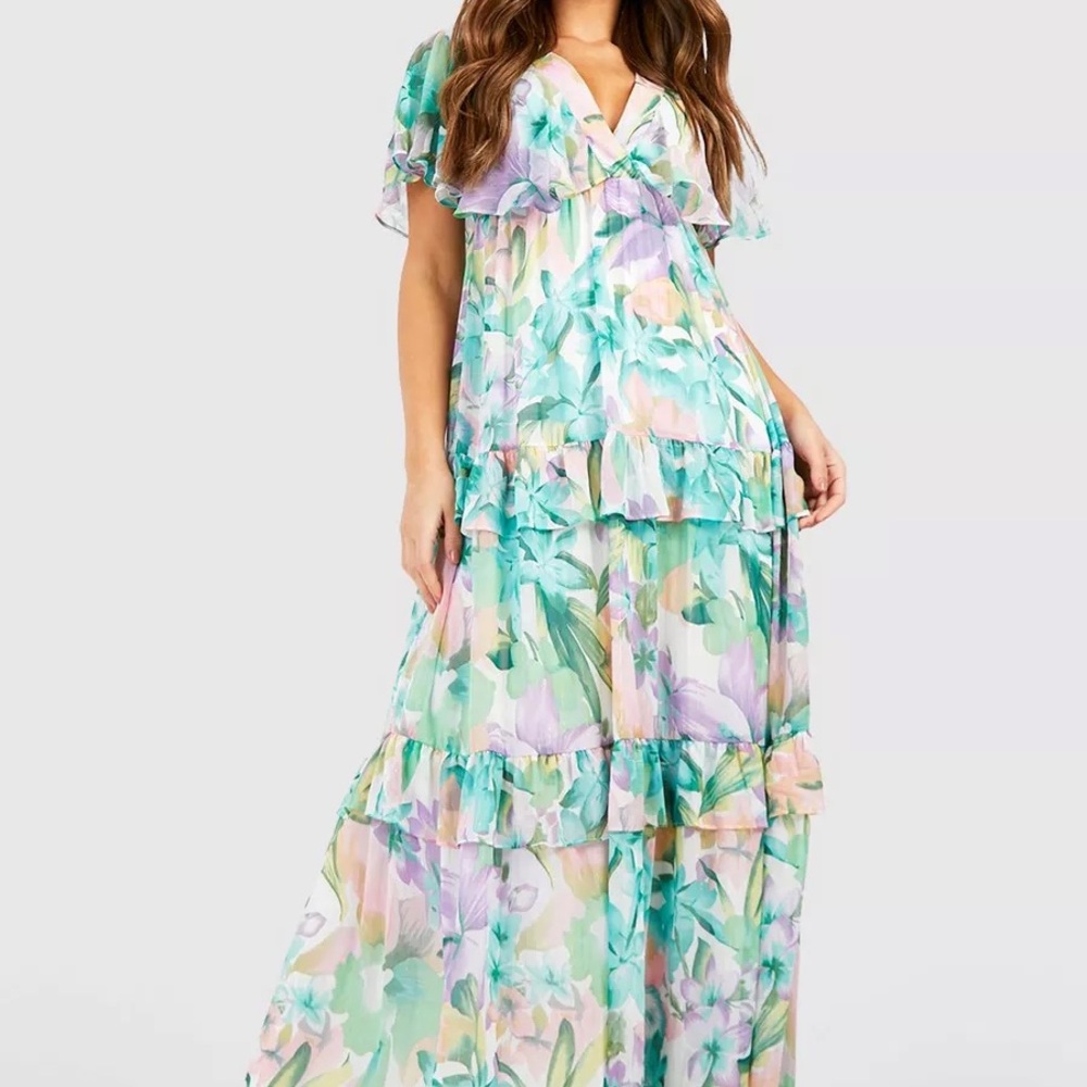 BOOHOO FLORAL PRINT ANGEL SLEEVE MAXI DRESS Size 14